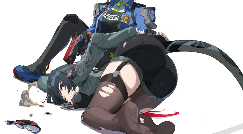 2girls, animal_ears, ass, blue_jacket, blunt_bangs, brown_pantyhose, brown_thighhighs, fur-trimmed_jacket, fur_trim, green_eyes, green_hair, green_jacket, haohaomaster, head_out_of_frame, highres, jacket, jane_doe_(zenless_zone_zero), long_hair, looking_at_viewer, mouse_ears, mouse_girl, mouse_tail, multiple_girls, no_shoes, pantyhose, red_hair, sidelocks, simple_background, single_leg_pantyhose, single_thighhigh, sitting, soles, tail, thighhighs, torn_clothes, torn_pantyhose, torn_thighhighs, white_background, zenless_zone_zero, zhu_yuan