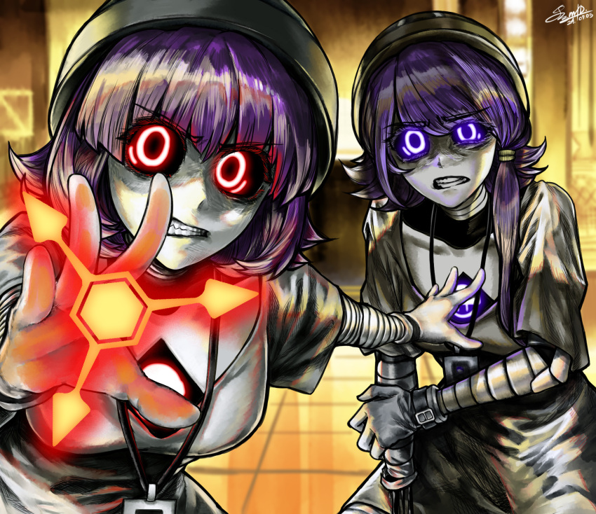 2girls, absolute_solver_(murder_drones), android, artist_request, black_hat, black_helmet, clenched_teeth, commentary