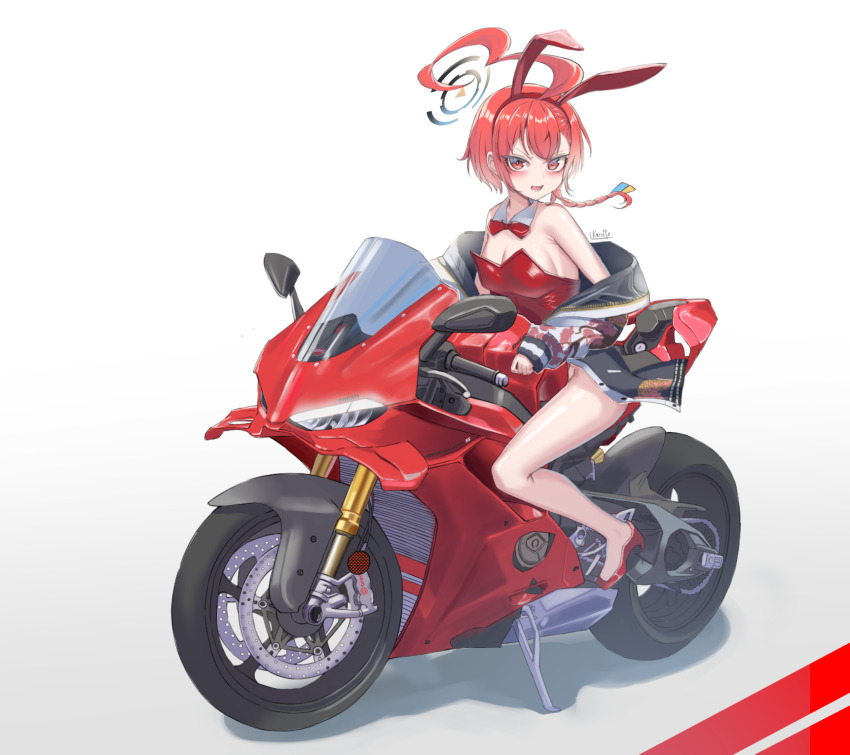 1girl, animal_ears, asymmetrical_hair, bare_legs, blue_archive, bow, bowtie, braid, breasts, commentary, detached_collar, ducati_panigale_v4, english_commentary, fake_animal_ears, high_heels, highres, jacket, karottekaori, leotard, mole, mole_under_each_eye, mole_under_eye, motor_vehicle, motorcycle, multiple_moles, neru_(blue_archive), neru_(bunny)_(blue_archive), orange_hair, playboy_bunny, print_jacket, rabbit_ears, red_eyes, red_footwear, red_leotard, riding, single_braid, small_breasts, solo, strapless, strapless_leotard, sukajan, tag, traditional_bowtie, white_background
