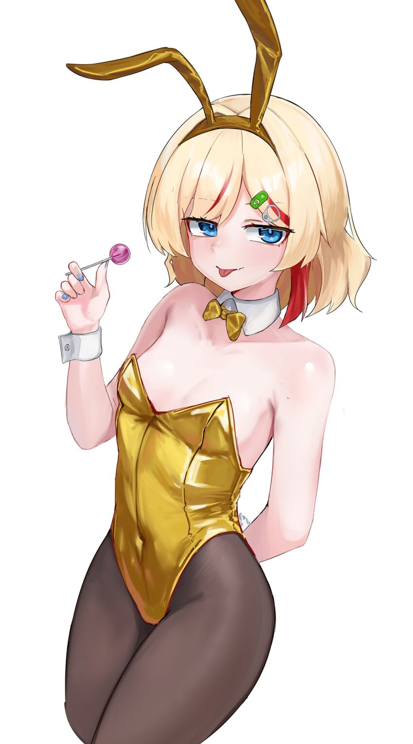 1girl, animal_ears, arm_behind_back, black_pantyhose, blonde_hair, blue_eyes, blue_nails, bow, bowtie, breasts, can_pull_tab, candy, collarbone, covered_navel, detached_sleeves, fake_animal_ears, food, hair_ornament, hand_up, highres, holding, holding_candy, holding_food, holding_lollipop, leotard, lollipop, long_hair, looking_at_viewer, multicolored_hair, nail_polish, original, pantyhose, playboy_bunny, rabbit_ears, red_hair, shenqi_xiaohuang, small_breasts, solo, streaked_hair, tongue, tongue_out, white_background, wrist_cuffs, yellow_bow, yellow_leotard