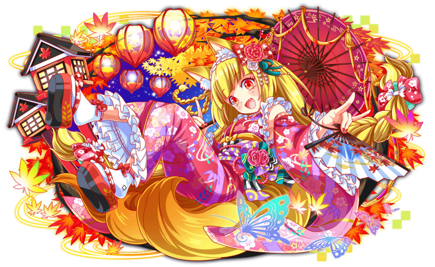 1girl, absurdly_long_hair, alternate_costume, alternate_hair_ornament, alternate_hairstyle, animal_ear_fluff, animal_ears, anime_coloring, artist_request, black_sandals, blonde_hair, blue_sky, blunt_bangs, blush, bow, braid, breasts, bug, butterfly, circle_print, crash_fever, detached_sleeves, dot_nose, eyelashes, fang, fingernails, floral_print, floral_print_bow, floral_print_kimono, floral_print_sleeves, floral_print_umbrella, flower, fox_ears, fox_girl, frilled_kimono, frilled_sleeves, frills, full_body, furisode_sleeves, game_cg, gradient_tail, green_bow, green_ribbon, hair_bow, hair_flower, hair_ornament, hair_ribbon, hairband, hand_fan, holding, holding_fan, insect, japanese_clothes, kimono, kitsune, lantern, leaf, leaf_print, light_particles, long_hair, long_sleeves, looking_at_viewer, low-braided_long_hair, low-tied_long_hair, low_twin_braids, maple_leaf, maple_leaf_print, medium_breasts, multicolored_sandals, multicolored_sash, multiple_tails, nail_polish, night, number_print, numbered, obi, official_alternate_costume, official_alternate_hair_ornament, official_alternate_hairstyle, official_art, oil-paper_umbrella, okobo, open_mouth, orange_bow, outdoors, outline, paper_lantern, parasol, pink_kimono, pink_nails, pink_sleeves, platform_sandals, print_kimono, print_sash, print_sleeves, print_socks, purple_bow, red_bow, red_eyes, red_flower, red_hairband, red_outline, red_rose, red_umbrella, ribbon, rose, sandals, sash, side_braids, sky, socks, solo, sparkle, square, square_print, tabi, tachi-e, tail, tamamo_(crash_fever), tamamo_no_mae_(mythology), tassel, third-party_source, tongue, transparent_background, twin_braids, umbrella, vertical-striped_sash, very_long_hair, wedge_heels, white_flower, white_headdress, white_rose, white_socks, wide_sleeves, yellow_tail