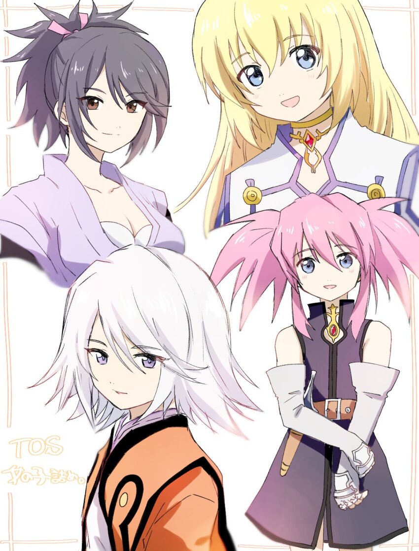 4girls, blonde_hair, blue_eyes, brown_eyes, colette_brunel, dress, fujibayashi_sheena, gloves, highres, hzk882, light_blush, light_smile, multiple_girls, presea_combatir, raine_sage, shirt, simple_background, sleeveless, sleeveless_shirt, tales_of_(series), tales_of_symphonia, white_dress, white_gloves, white_hair