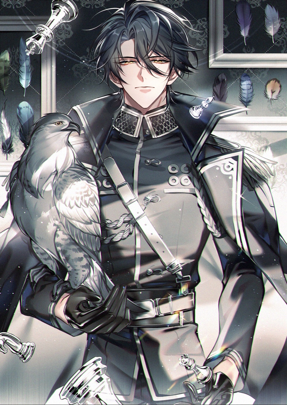 1boy, aiguillette, animal_on_arm, belt, bird, bird_on_arm, black_cape, black_gloves