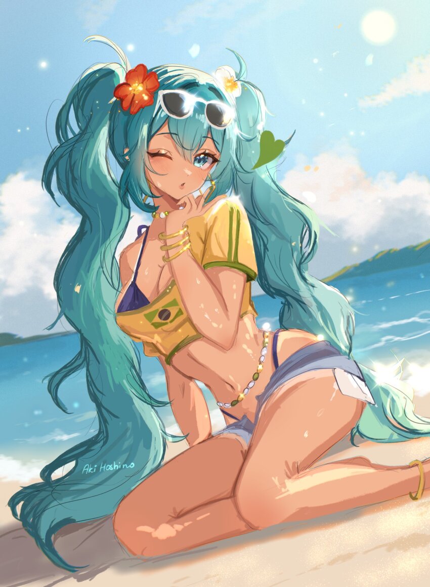 1girl, aki_hoshino, anklet, aqua_hair, artist_name, beach, bikini, black_bikini