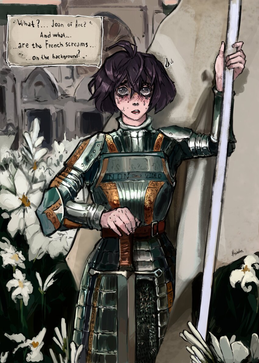 1girl, absurdres, antenna_hair, armor, armored_skirt, black_hair, blind, blush, bob_cut, borrowed_character, breastplate, brown_eyes, cathedral, chainmail, church, clothes_writing, commentary, cosplay, cowboy_shot, english_commentary, english_text, field, flag, flower, flower_field, flying_sweatdrops, freckles, gold_trim, grey_armor, hair_between_eyes, hand_up, highres, holding, holding_flag, holding_sword, holding_weapon, hugarden_(david_hugaev), jeanne_d'arc, jeanne_d'arc_(cosplay), lily_(flower), messy_hair, nervous_sweating, nose_blush, original, outdoors, parted_lips, planted, planted_sword, planted_weapon, plate_armor, raised_eyebrows, real_life, rose_window, solo, sophie_(popopoka), standing, sweat, sword, upturned_eyes, very_sweaty, weapon, white_flag, white_flower, white_lily, worried