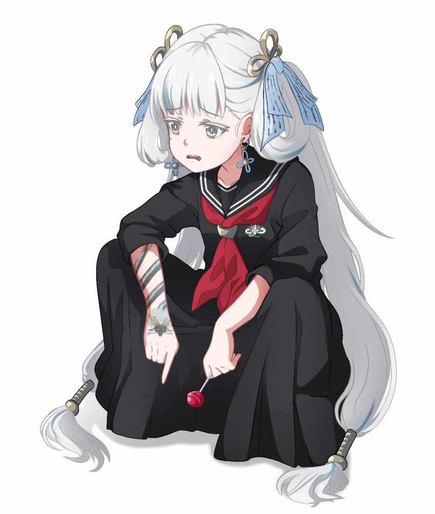 1girl, alternate_costume, arm_tattoo, black_serafuku, bow, candy, colored_eyelashes, dragon, dragon_horns, earrings, eastern_dragon_horns, food, grey_eyes, grey_hair, hair_bow, highres, holding, holding_candy, holding_food, holding_lollipop, jewelry, jinhsi_(wuthering_waves), jue_(wuthering_waves), kuro_memez, lollipop, mole, mole_on_cheek, multiple_hair_bows, open_mouth, school_uniform, serafuku, squatting, tattoo, twintails, white_eyelashes, wuthering_waves
