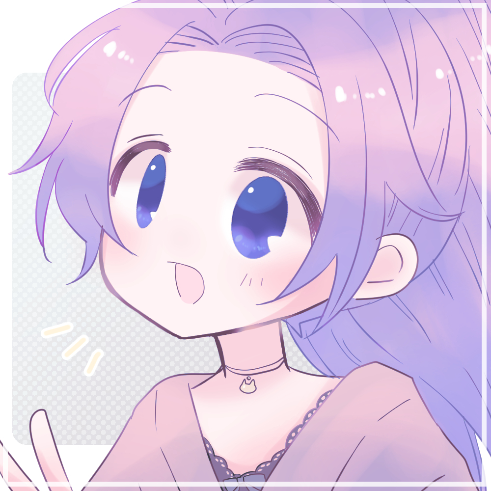 1girl, bemani, black_bow, blue_eyes, blush, bow, choker, grey_shirt, inset_border, long_hair, looking_ahead, moe_(pop'n_music), no_nose, open_mouth, ponytail, pop'n_music, portrait, purple_hair, rozimechicka_01, shirt, solo