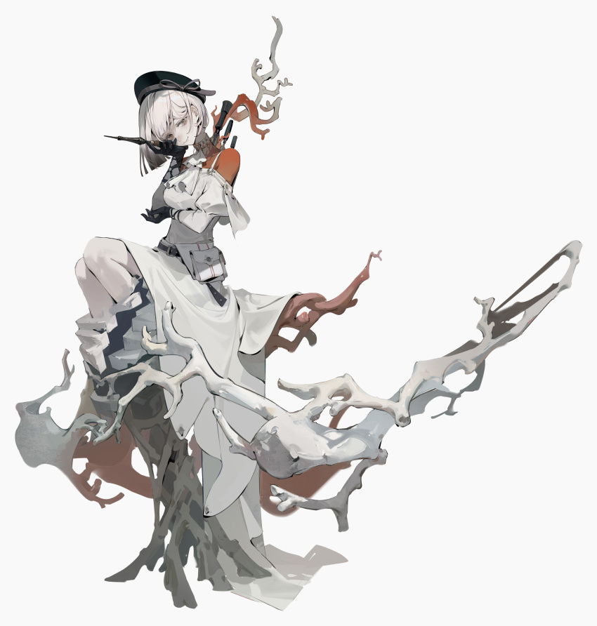 1girl, absurdres, arm_under_breasts, bare_shoulders, belt_pouch, beret, black_gloves, black_hat