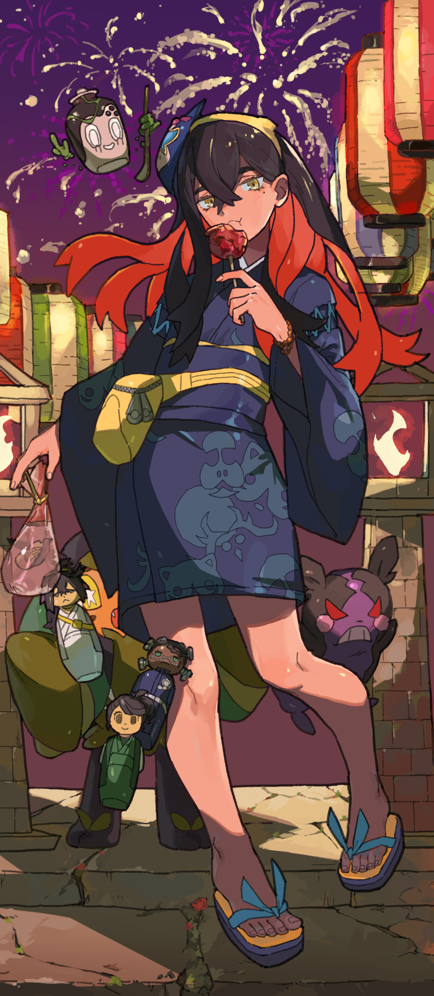 1girl, absurdres, adapted_costume, amarys_(pokemon), arm_at_side, black_hair, blue_yukata, cameo