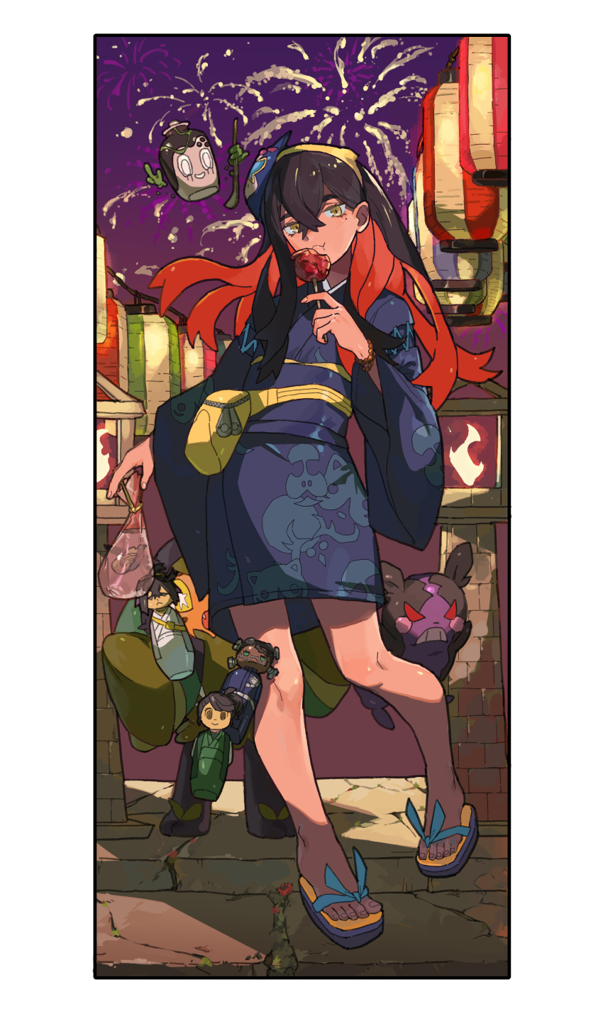 1girl, absurdres, adapted_costume, amarys_(pokemon), arm_at_side, black_hair, blue_yukata, border