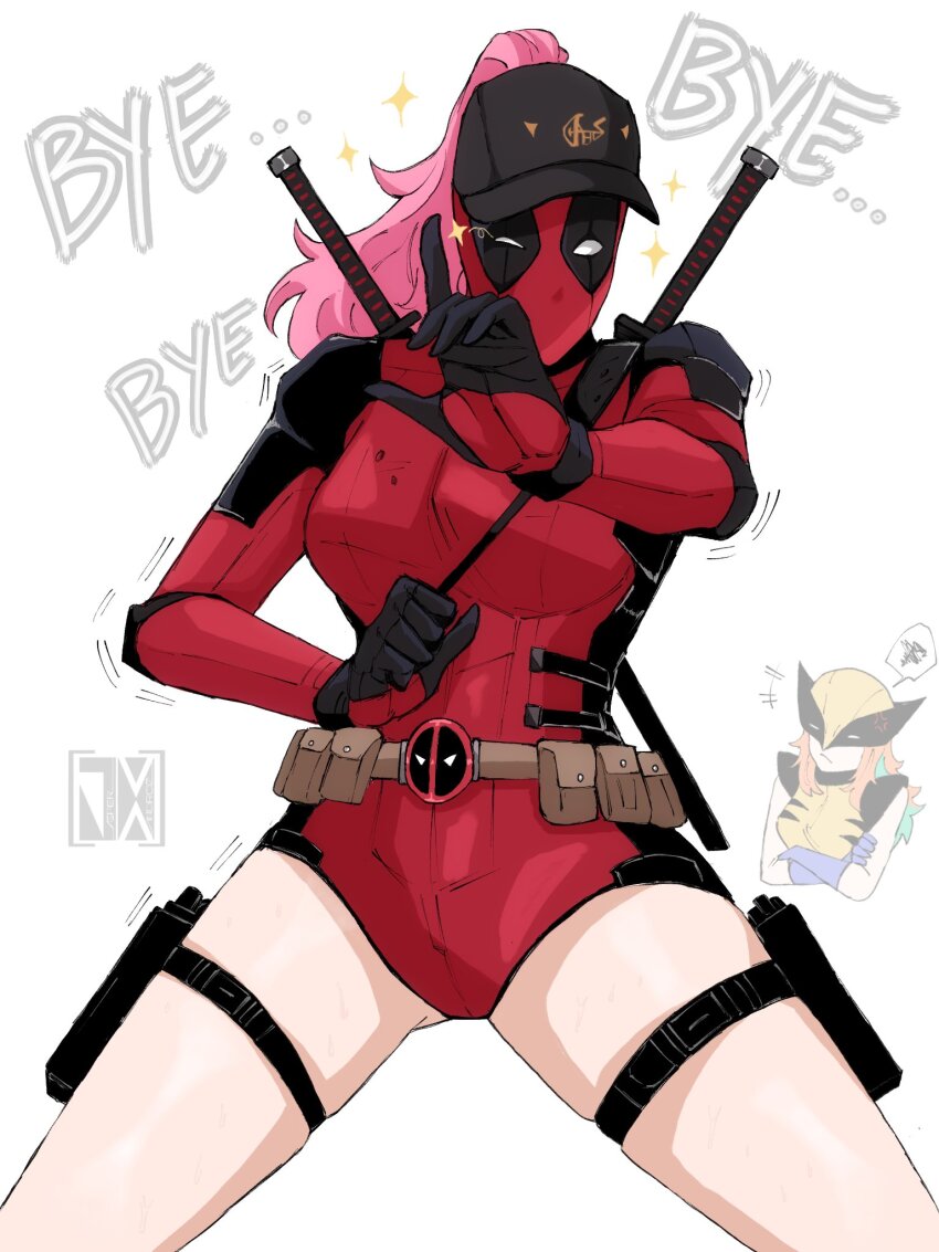 baseball_cap, bodysuit, breasts, cosplay, deadpool, deadpool_&amp;_wolverine, deadpool_(series), gloves, gradient_hair, green_hair, hat, highres, hololive, hololive_english, jasper_xandros, large_breasts, marvel, mask, mori_calliope, multicolored_bodysuit, multicolored_hair, nsync, orange_hair, pink_hair, red_bodysuit, red_mask, superhero_costume, sword, sword_on_back, takanashi_kiara, two-tone_bodysuit, virtual_youtuber, weapon, weapon_on_back, wolverine_(x-men), wolverine_(x-men)_(cosplay), x-men, yellow_bodysuit