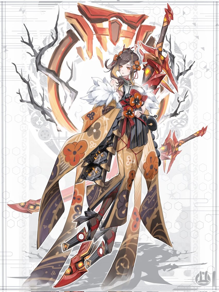 1girl, adapted_costume, ankle_flower, ankle_ribbon, armor, asymmetrical_sidelocks, bare_shoulders, black_pantyhose