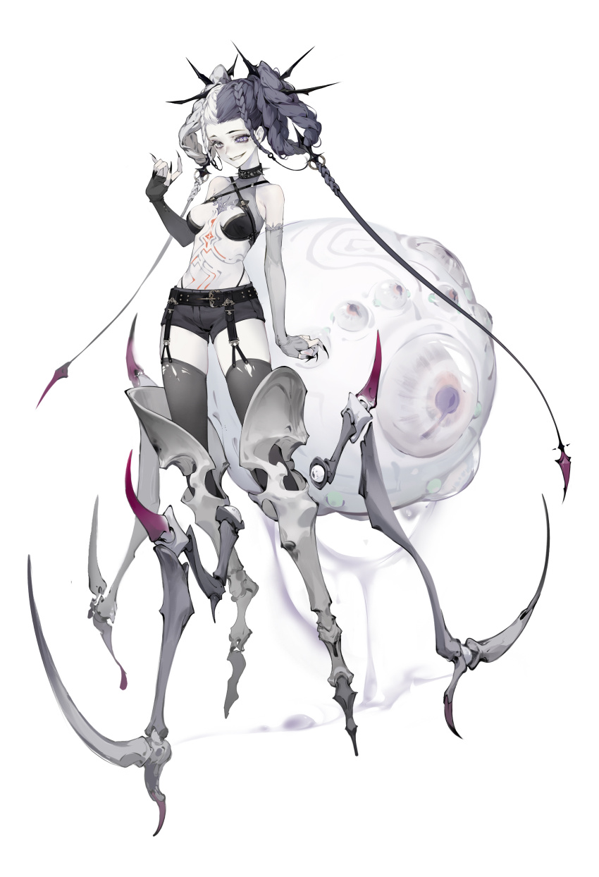 1girl, absurdres, agrippa_(morimens), armored_boots, arthropod_girl, asymmetrical_gloves, bare_shoulders, belt, bikini, bikini_top_only, black_belt, black_bikini, black_collar, black_gloves, black_hair, black_nails, black_shorts, boots, braid, braided_hair_rings, breasts, breasts_apart, collar, extra_pupils, eyeball, fingernails, full_body, garter_straps, gloves, grey_boots, grey_eyes, grey_gloves, grey_thighhighs, grin, hair_rings, hands_up, heterochromia, highres, insect_girl, jimimimihua_huyan-luanyu, long_fingernails, medium_breasts, medium_hair, mismatched_gloves, morimens, multicolored_hair, navel, official_art, short_shorts, shorts, smile, solo, spider_girl, spiked_collar, spikes, split-color_hair, standing, stomach_tattoo, swimsuit, tachi-e, tattoo, teeth, thighhighs, torn_clothes, torn_thighhighs, white_background, white_hair