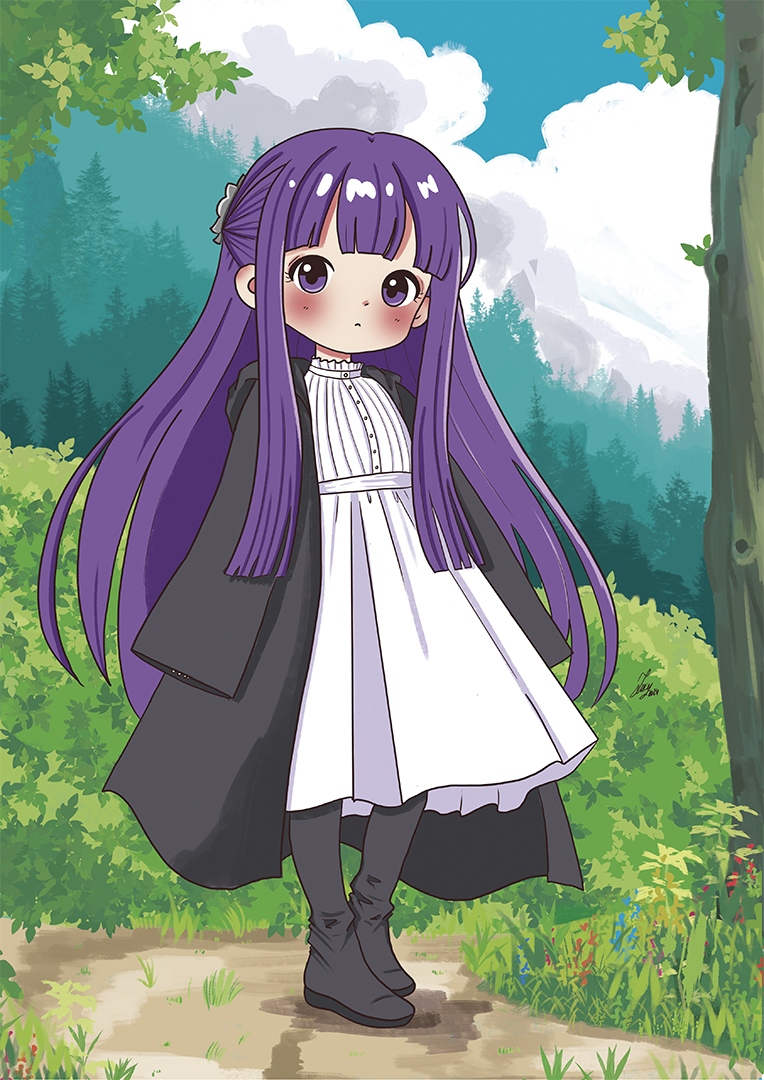 1girl, black_footwear, blunt_bangs, blush, chibi, cloud, day, fern_(sousou_no_frieren), full_body, long_hair, looking_at_viewer, misslulumochi, outdoors, purple_eyes, purple_hair, sleeves_past_wrists, solo, sousou_no_frieren, standing, tree, very_long_hair