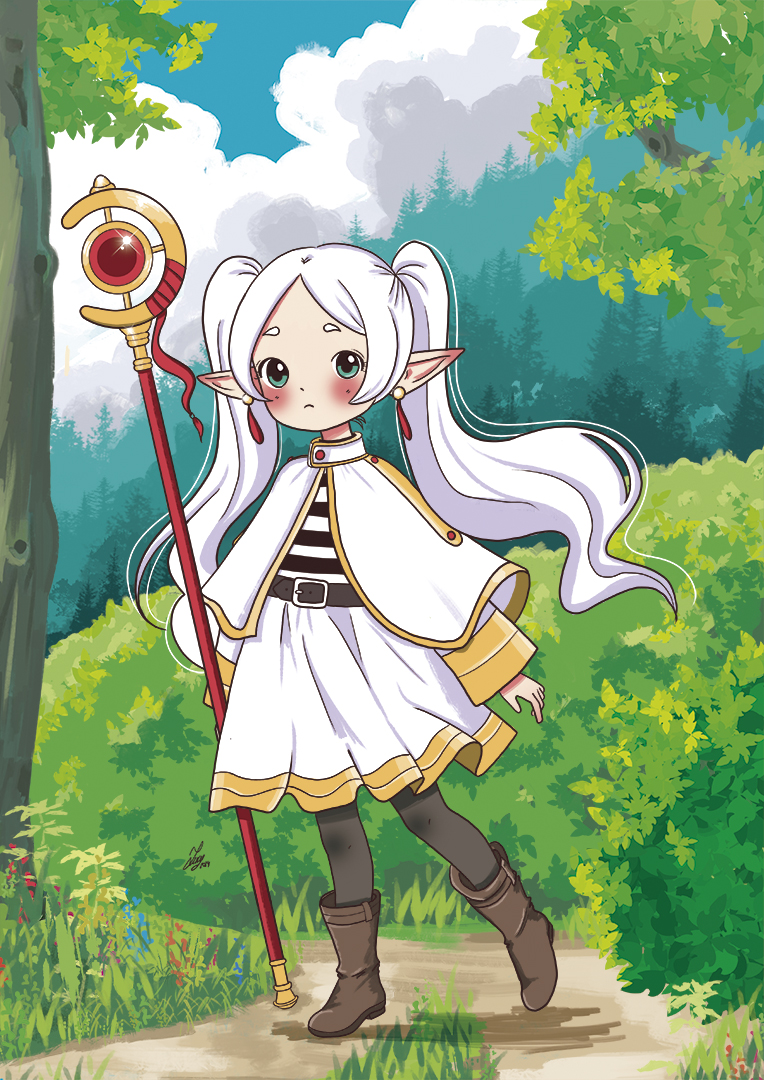 1girl, belt, black_pantyhose, blush, boots, brown_boots, capelet, chibi, day, earrings, elf, frieren, jewelry, long_hair, long_sleeves, looking_at_viewer, misslulumochi, outdoors, pantyhose, pointy_ears, shirt, solo, sousou_no_frieren, staff, standing, striped_clothes, striped_shirt, teardrop_earrings, tree, twintails, white_capelet, white_hair