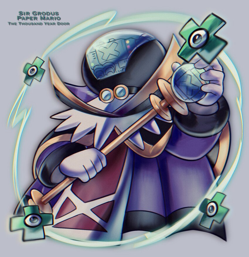 1boy, character_name, cloak, commshoo, copyright_name, english_text, gloves, goggles