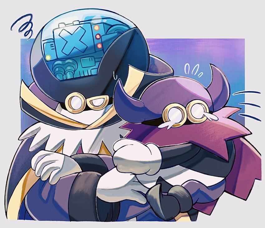 2boys, black_footwear, black_shirt, boots, cloak, commshoo, crossed_arms, gloves