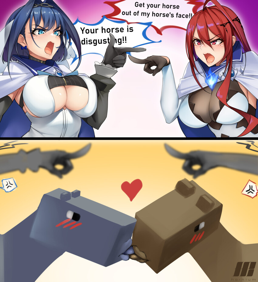 absurdres, ahoge, angry, arguing, blue_fire, blush, breasts, cape, cleavage, colored_inner_hair, commentary, elizabeth_rose_bloodflame, english_commentary, english_text, enigmatic_recollection, fire, gloves, highres, ho2nium, hololive, hololive_english, horse_(minecraft), huge_ahoge, large_breasts, long_hair, minecraft, multicolored_hair, open_mouth, ouro_kronii, pointing, pointing_at_another, red_eyes, red_hair, shouting, speech_bubble, very_long_hair, virtual_youtuber