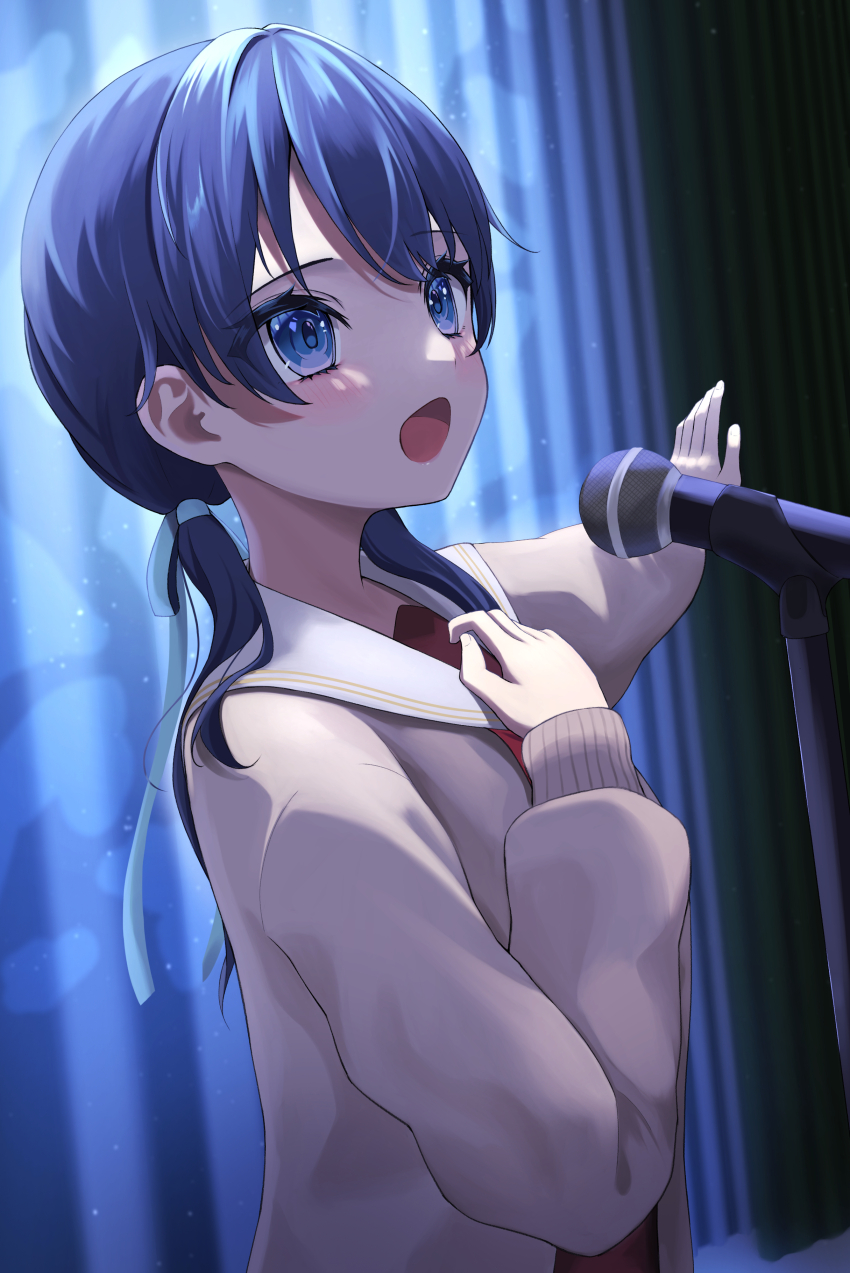 1girl, :o, absurdres, asumi_dori, blue_eyes, blue_hair, blue_ribbon, brown_cardigan