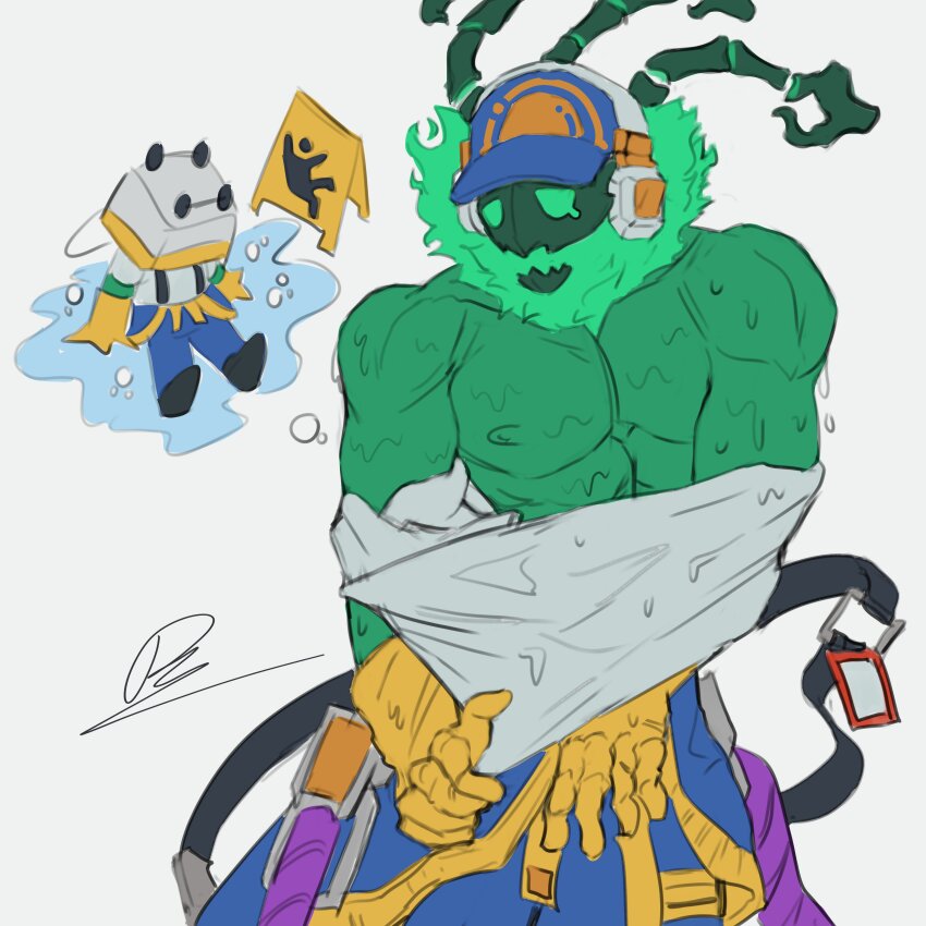 1boy, absurdres, bara, bare_pectorals, baseball_cap, blush, chibi, chibi_inset, collage, colored_skin, commentary, doodle_inset, english_commentary, fengthelightfox, fiery_hair, gloves, green_skin, hat, headphones, highres, janitor, janitor_thresh, league_of_legends, looking_at_viewer, male_focus, monster_boy, muscular, muscular_male, pectorals, print_shirt, rubber_gloves, shirt, skull_head, teardrop, thresh_(league_of_legends), undressing, wet, wet_clothes, wet_shirt
