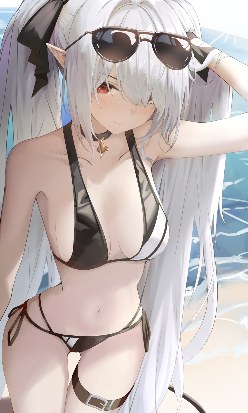 1girl, absurdres, belt, belt_buckle, bikini, black_choker, blue_archive, breasts