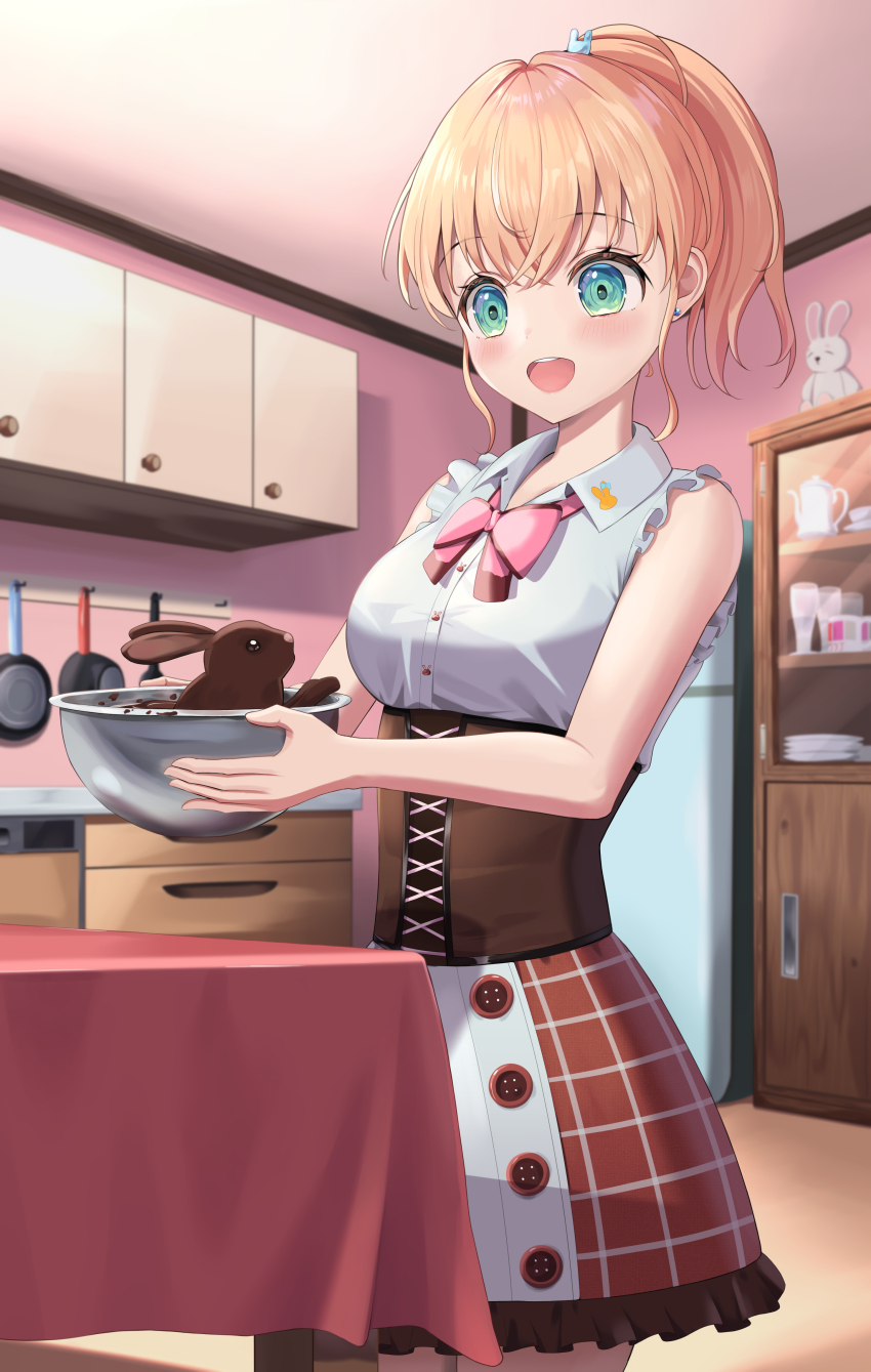 1girl, :d, absurdres, aqua_eyes, asumi_dori, bow, bowl, bowtie, brown_corset, chocolate_rabbit, collared_shirt, commentary_request, corset, cowboy_shot, crossed_bangs, food-themed_creature, frilled_shirt, frilled_skirt, frills, hair_ornament, highres, hinoshita_kaho, holding, holding_bowl, indoors, kitchen, link!_like!_love_live!, love_live!, medium_hair, mixing_bowl, open_mouth, orange_hair, pink_bow, pink_bowtie, ponytail, rabbit, rabbit_hair_ornament, red_skirt, shirt, skirt, sleeveless, sleeveless_shirt, smile, solo, table, teeth, upper_teeth_only, virtual_youtuber, white_shirt