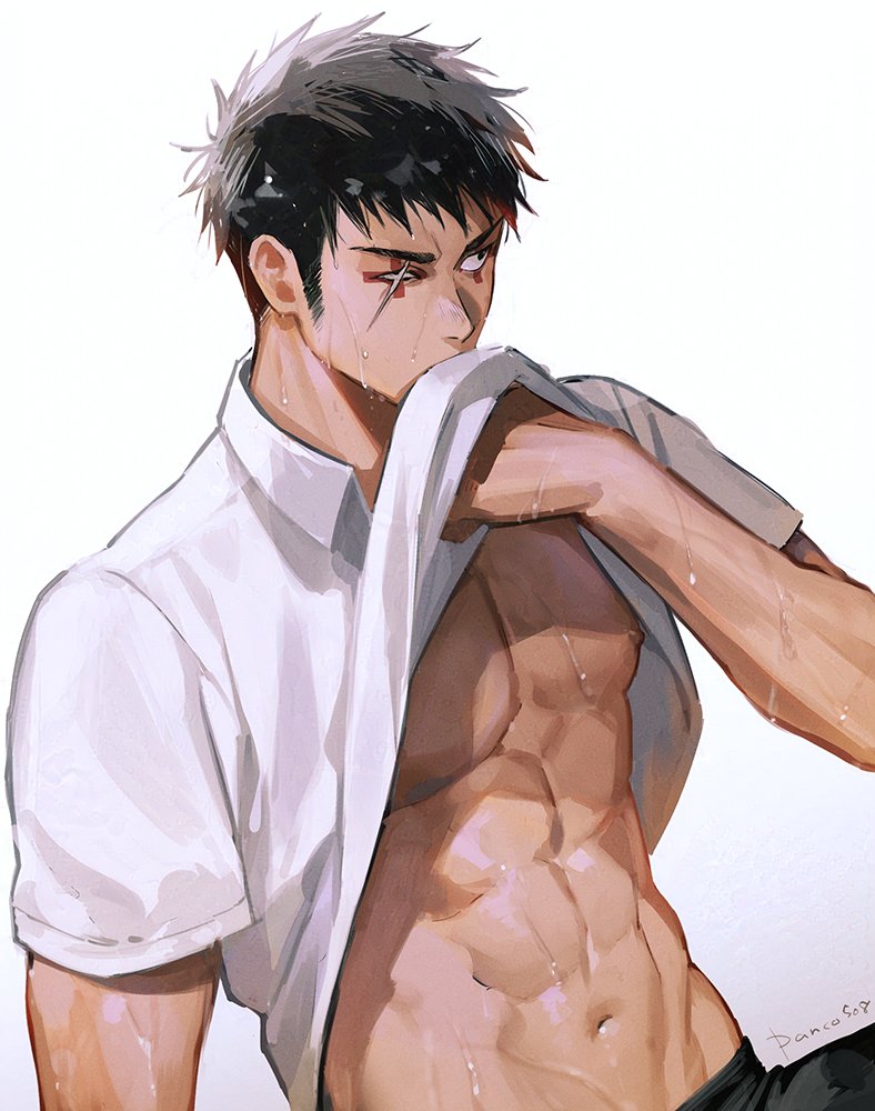 1boy, abs, black_hair, clothes_lift, dorohedoro, eye_tattoo, facial_hair, facial_mark