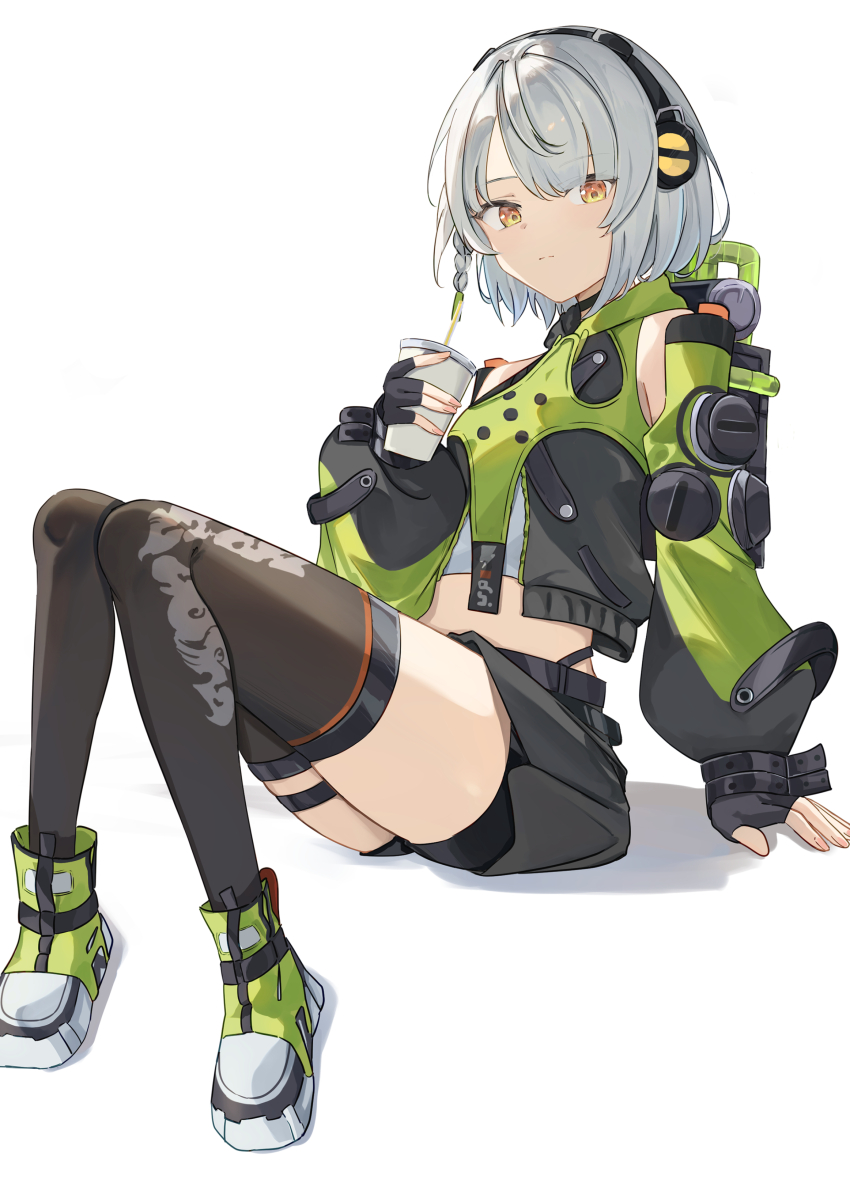 1girl, absurdres, anby_demara, black_gloves, black_jacket, black_skirt, black_thighhighs, crop_top