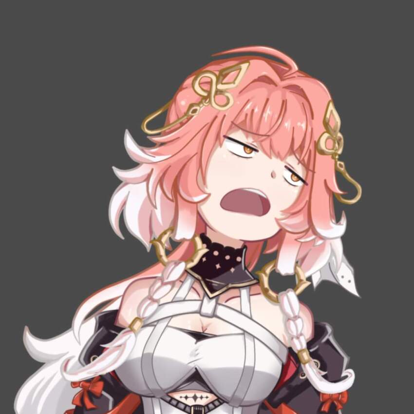 1girl, ahoge, bare_shoulders, black_collar, black_sleeves, braid, breasts, changli_(wuthering_waves), cleavage, collar, collarbone, commentary, dress, english_commentary, grey_background, hair_extensions, hair_intakes, hair_ornament, halterneck, kuro_memez, large_breasts, looking_to_the_side, multicolored_hair, open_mouth, pink_hair, pose_imitation, ring_hair_extensions, sidelocks, solo, tacet_mark_(wuthering_waves), twin_braids, two-tone_hair, white_dress, white_hair, wuthering_waves, yellow_eyes