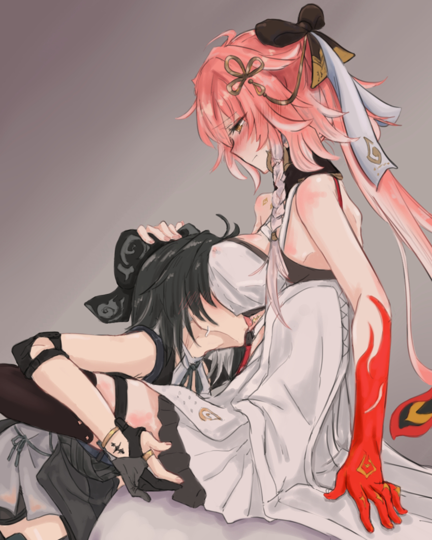 2girls, aoi_(aoisaka), between_breasts, black_bow, black_hair, black_thighhighs, blush, bow