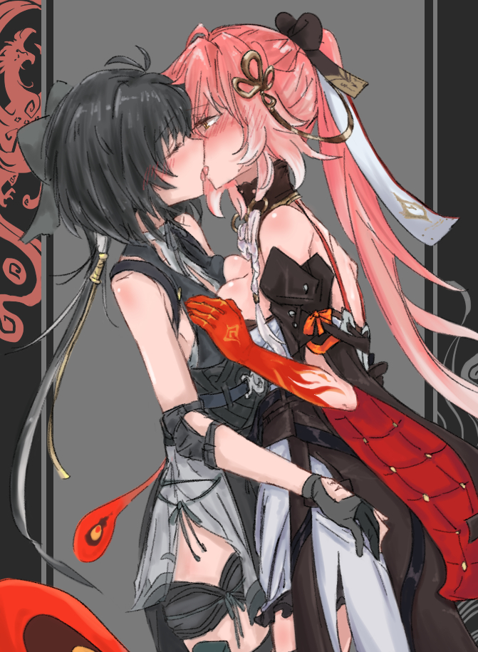 2girls, aoi_(aoisaka), bare_shoulders, black_bow, black_hair, blush, bow, breast_press