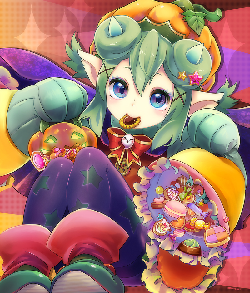 1girl, aqua_horns, blue_eyes, brooch, bucket, buttons, candy, closed_mouth, cookie, donut_hair_bun, double_bun, ear_tufts, feet_out_of_frame, food, food-themed_hat, ghost_brooch, green_hair, green_shoes, hair_between_eyes, hair_bun, hair_ornament, hair_rings, halftone, halftone_background, halloween, halloween_bucket, hands_up, hat, head_tilt, holding, holding_bucket, holding_halloween_bucket, horns, jewelry, knees_up, kosame_koori, lidelle_(puyopuyo), lidelle_(uncanny)_(puyopuyo), looking_at_viewer, macaron, mouth_hold, multicolored_background, multicolored_shoes, official_alternate_costume, orange_hat, pantyhose, pink_shoes, pointy_ears, pumpkin, pumpkin_hat, purple_pantyhose, puyopuyo, puyopuyo_quest, shoe_soles, shoes, sidelocks, sitting, sleeves_past_wrists, solo, star_(symbol), star_hair_ornament, star_print, wrapped_candy, x_hair_ornament