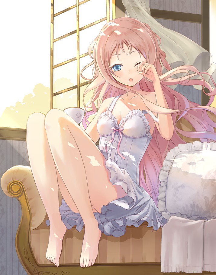 1girl, armchair, atelier_(series), atelier_meruru, atelier_questboard, bare_shoulders, barefoot, blonde_hair, blue_eyes, breasts, chair, cleavage, commentary_request, curtains, dress, floating_curtains, frilled_dress, frills, full_body, indoors, knees_up, long_hair, looking_at_viewer, merurulince_rede_arls, official_art, one_eye_closed, open_mouth, open_window, pillow, pink_ribbon, ribbon, rubbing_eyes, second-party_source, short_dress, sitting, sleepy, solo, strap_slip, white_dress, wind, window