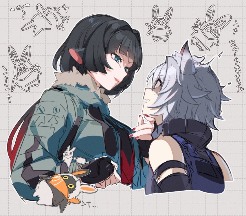 1boy, 1girl, animal_ears, black_gloves, black_hair, blunt_bangs, cat_boy, cat_ears