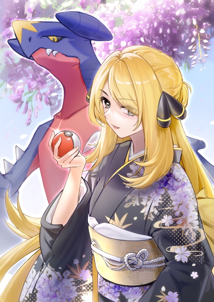 1girl, alternate_costume, black_kimono, blonde_hair, chin_yu_khn, cynthia_(pokemon), day, floral_print