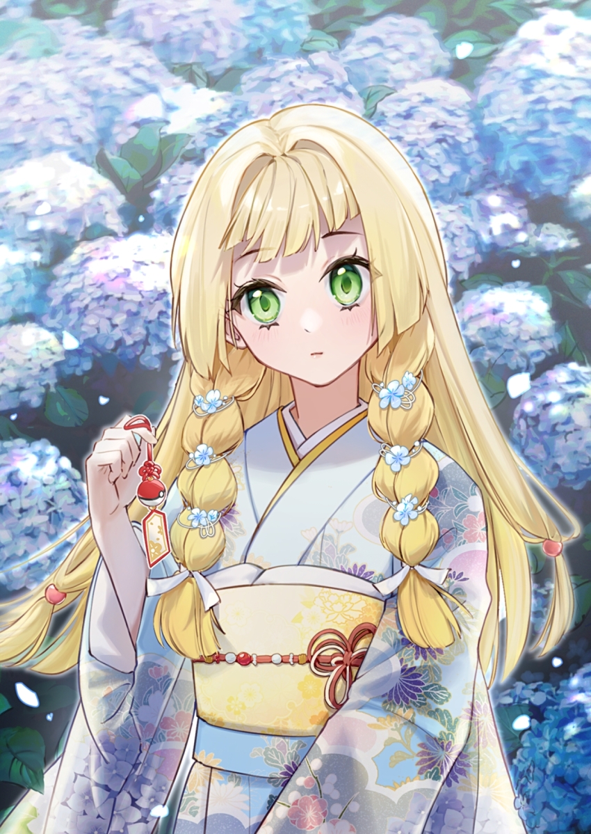 1girl, alternate_costume, blonde_hair, blue_hakama, blue_kimono, braid, chin_yu_khn, closed_mouth