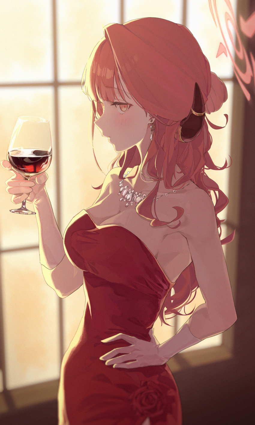 4girls, absurdres, alcohol, aru_(blue_archive), aru_(dress)_(blue_archive), blue_archive, blurry, blurry_background