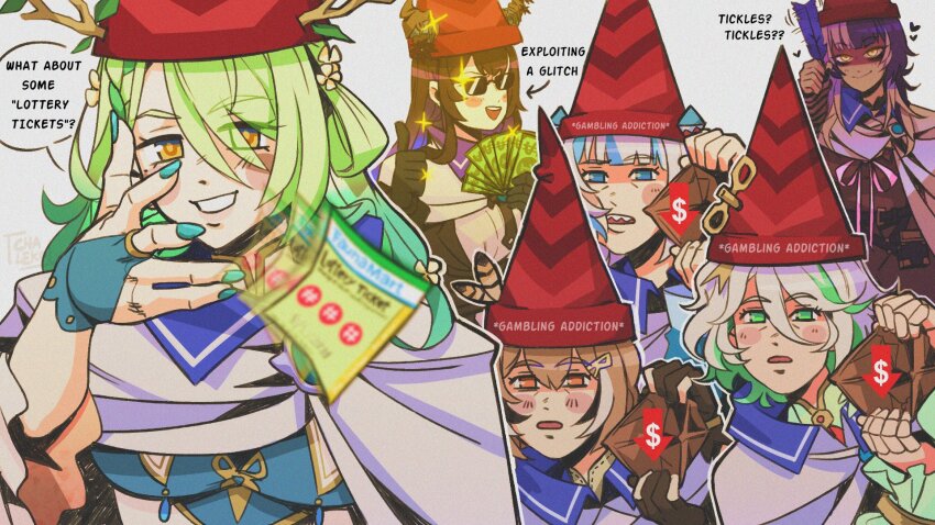 6+girls, :d, arm_warmers, banknote, black_gloves, black_hair, blue_hair, blunt_bangs