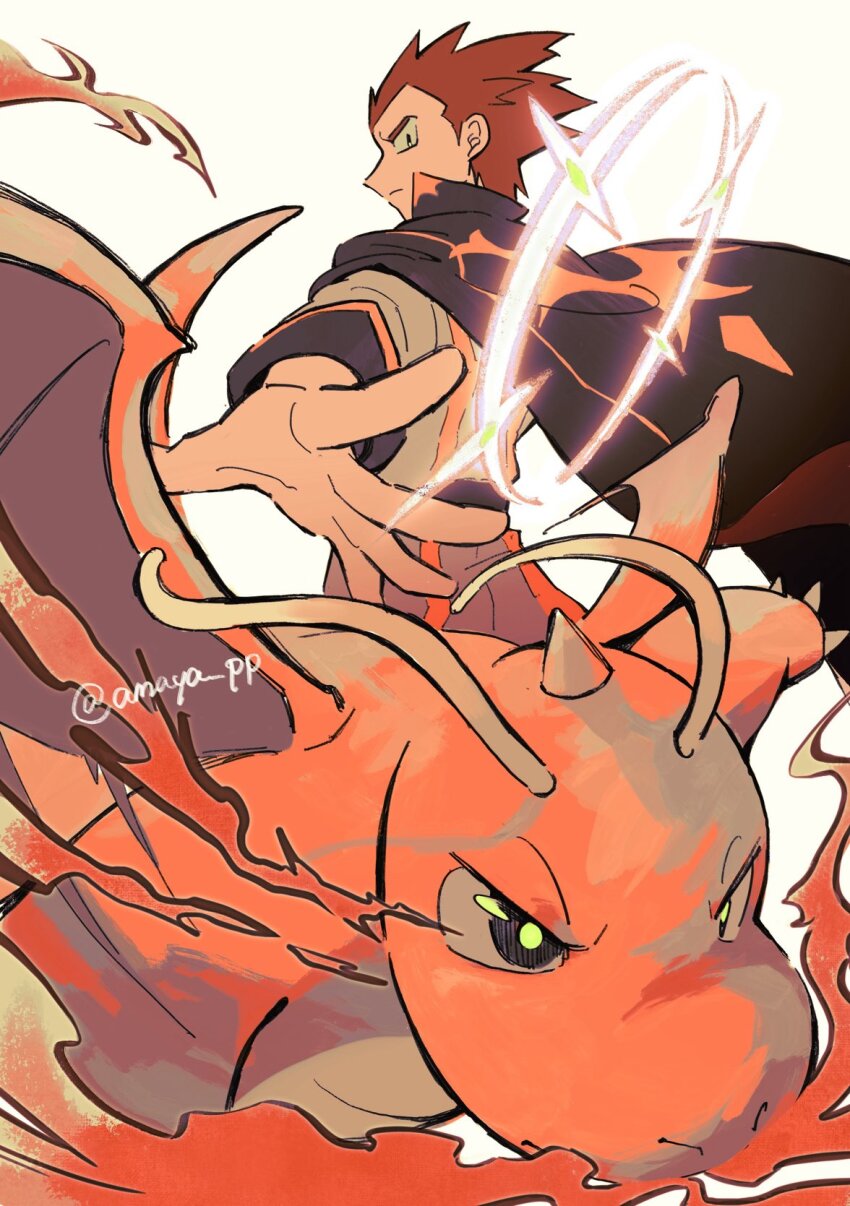 1boy, amaya_uw, black_cape, black_eyes, cape, closed_mouth, commentary_request, dragonite