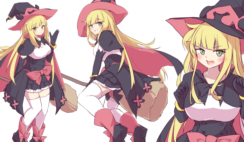 1girl, absurdres, black_cape, black_dress, black_hat, blonde_hair, blunt_bangs, breasts