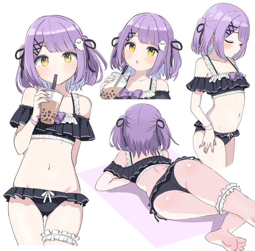 1girl, absurdres, ass, bare_shoulders, bead_bracelet, beads, bikini, black_bikini, black_ribbon, blush, bracelet, bubble_tea, closed_eyes, closed_mouth, cup, drinking_straw, drinking_straw_in_mouth, flat_chest, frilled_bikini, frilled_thigh_strap, frills, ghost_hair_ornament, hair_ornament, hair_ribbon, highres, holding, holding_cup, jewelry, looking_at_viewer, lying, multiple_views, navel, open_mouth, purple_hair, purple_nails, ribbon, shinomiya_runa, shinomiya_runa_(summer_c102), short_hair, simple_background, stomach, swimsuit, thigh_strap, two_side_up, virtual_youtuber, vspo!, white_background, x_hair_ornament, yamaoka_remu, yellow_eyes