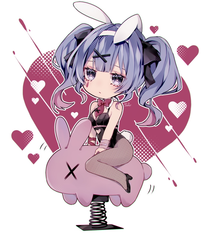 1girl, :/, animal_ears, bare_shoulders, black_footwear, black_leotard, black_ribbon, blue_eyes