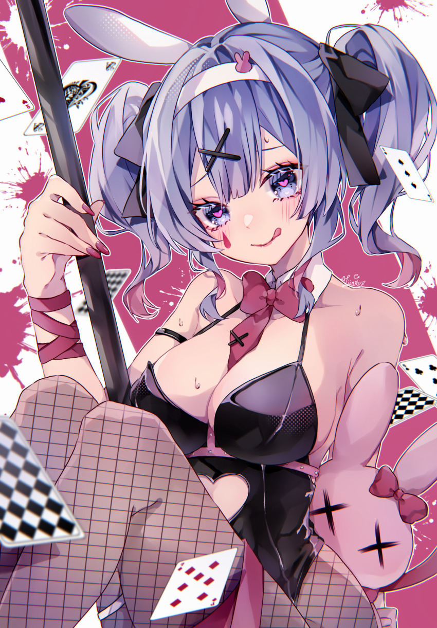 1girl, :q, animal_ears, bare_shoulders, black_leotard, black_ribbon, blue_eyes, blue_hair, blush, bow, bowtie, breasts, card, cleavage, closed_mouth, clothing_cutout, collarbone, commentary, detached_collar, facial_mark, fake_animal_ears, fishnet_pantyhose, fishnets, hair_between_eyes, hair_ornament, hair_ribbon, hairband, hairclip, hatsune_miku, heart, heart-shaped_pupils, heart_cutout, highres, leotard, licking_lips, looking_at_viewer, luna_s210, necktie, outline, paint_splatter, pantyhose, playboy_bunny, playing_card, pole, rabbit_ears, rabbit_hole_(vocaloid), red_bow, red_bowtie, red_nails, ribbon, short_necktie, short_twintails, sidelocks, signature, sitting, solo, sweat, symbol-shaped_pupils, teardrop_facial_mark, tie_clip, tongue, tongue_out, twintails, vocaloid, white_hairband, white_outline, x_hair_ornament