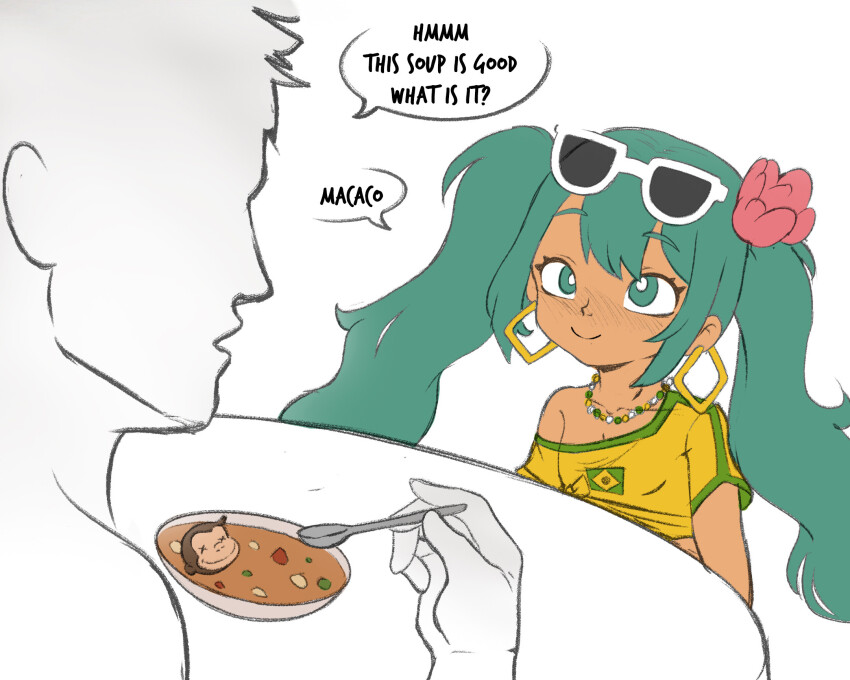 1boy, 1girl, aqua_eyes, aqua_hair, blush, brazilian_flag, brazilian_flag_print, brazilian_miku, closed_mouth, collarbone, crop_top, curious_george, curious_george_(character), earrings, english_text, faceless, faceless_male, flag_print, flat_chest, g_reaper, hair_ornament, hatsune_miku, highres, jewelry, long_hair, looking_at_another, monkey, necklace, nose_blush, off_shoulder, shirt, simple_background, smile, solo_focus, speech_bubble, sunglasses_on_head, twintails, vocaloid, white-framed_eyewear, white_background, yellow_shirt