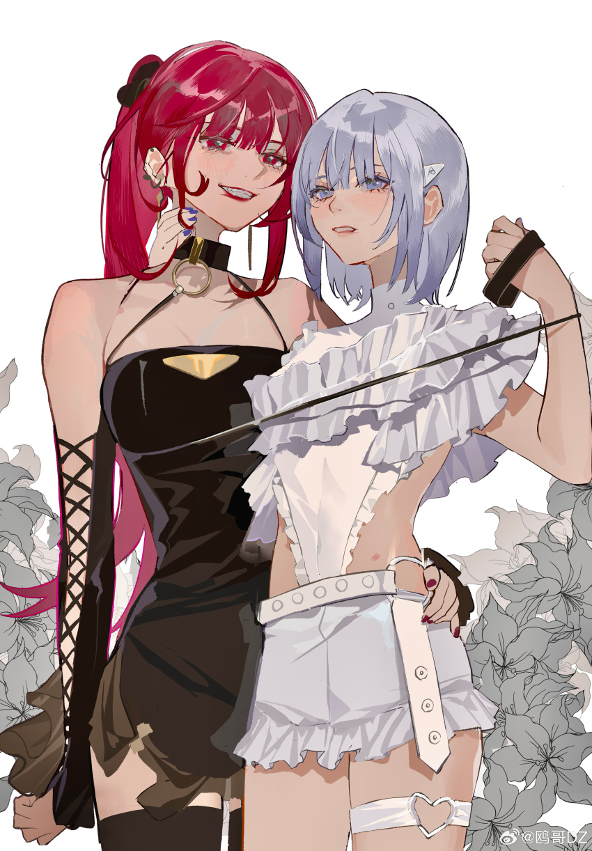 2girls, absurdres, animal_costume, bare_arms, bare_shoulders, belt, black_collar, black_dress, black_scrunchie, black_sleeves, black_thighhighs, black_vs_white, blunt_bangs, breasts, bright_pupils, buckle, chinese_commentary, cleavage, collar, commentary_request, couple, covered_navel, cowboy_shot, cross-laced_clothes, cross-laced_sleeves, detached_sleeves, dress, eyelashes, female_focus, femdom, floral_background, flower, frilled_dress, frilled_leotard, frilled_shirt, frilled_skirt, frilled_sleeves, frills, grey_flower, grin, hair_ornament, hair_scrunchie, hairclip, hand_on_another's_hip, hand_on_another's_neck, heart, heart-shaped_buckle, heattech_leotard, highres, holding, holding_leash, large_breasts, leash, leotard, leotard_under_clothes, lily_(flower), lipstick, long_hair, looking_at_viewer, makeup, microskirt, multiple_girls, nail_polish, o-ring, o-ring_belt, open_mouth, original, ouge_dz, ponytail, purple_eyes, purple_hair, purple_nails, red_eyes, red_hair, red_lips, red_nails, scrunchie, shirt, short_dress, short_hair, short_sleeves, side_slit, skirt, skirt_set, sleeveless, sleeveless_dress, sleeves_past_wrists, smeared_lipstick, smile, spaghetti_strap, standing, studded_belt, teeth, thigh_strap, thighhighs, turtleneck, very_long_hair, watermark, weibo_watermark, white_background, white_belt, white_leotard, white_pupils, white_shirt, white_skirt, yuri, zettai_ryouiki