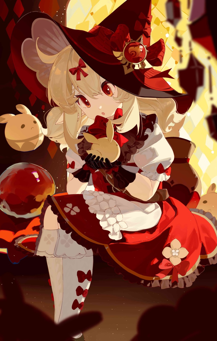 1girl, :o, absurdres, black_gloves, blonde_hair, bow, bow_legwear, brown_background