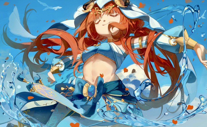 1girl, absurdres, blue_skirt, blue_sky, breasts, closed_eyes, cloud, fake_horns