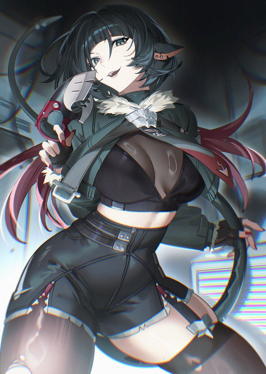 1girl, absurdres, animal_ears, black_gloves, black_shorts, blunt_bangs, breasts, chromatic_aberration