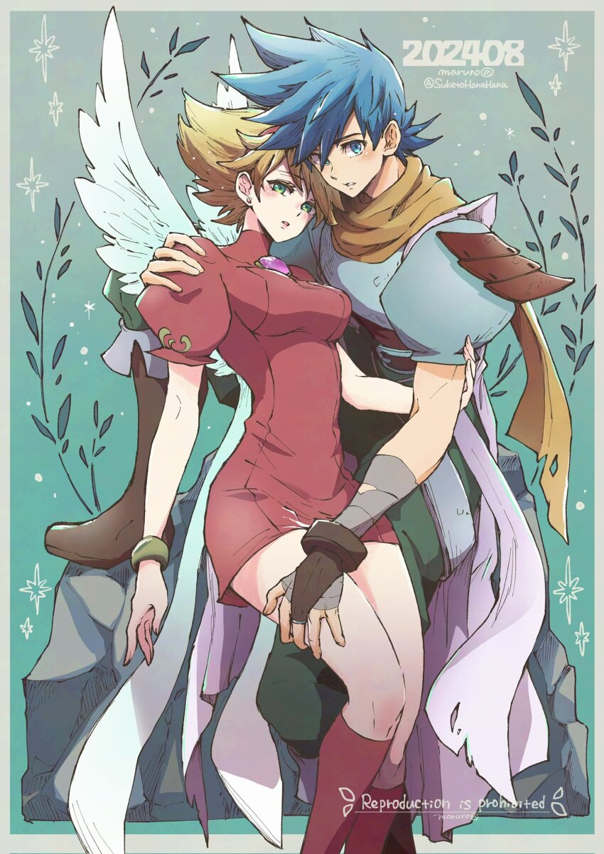 1boy, 1girl, arm_around_shoulder, armor, bandaged_arm, bandages, black_pants, blonde_hair