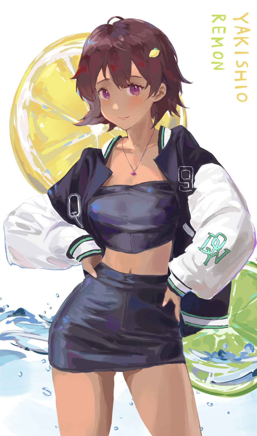 1girl, absurdres, ahoge, black_jacket, black_skirt, black_tube_top, brown_hair, character_name, cowboy_shot, dark-skinned_female, dark_skin, food, food-themed_hair_ornament, fruit, hair_ornament, hands_on_own_hips, highres, jacket, jewelry, lemon, lemon_hair_ornament, lemon_slice, letterman_jacket, lime_(fruit), lime_slice, make_heroine_ga_oo_sugiru!, midriff, miniskirt, mizuhara_sh, name_connection, necklace, object_namesake, pencil_skirt, purple_eyes, short_hair, skirt, solo, strapless, tube_top, yakishio_lemon